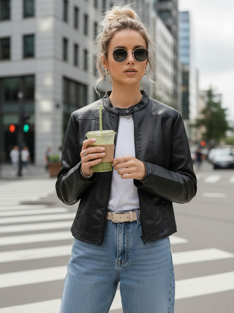 Dámska kožená bunda so stojačikom čierna FashionStreet TY5568 L