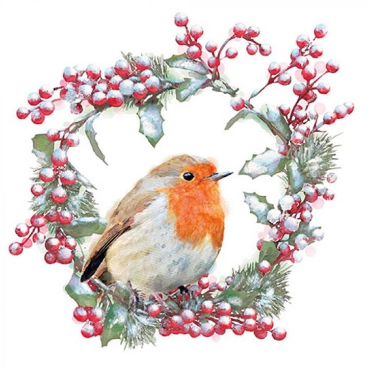 Servítky na dekupáž Robin in Wreath - 1 ks