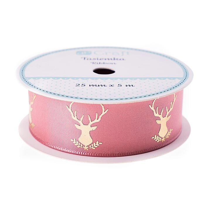 Saténová dekoračná stuha 25 mm x 5 m | Frosty Pink - Deer