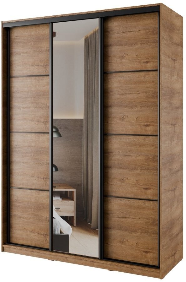 Nejlevnější nábytek Nejby Barnaba 150 cm s posuvnými dveřmi, zrcadlem, 4 šuplíky a 2 šatními tyčemi,