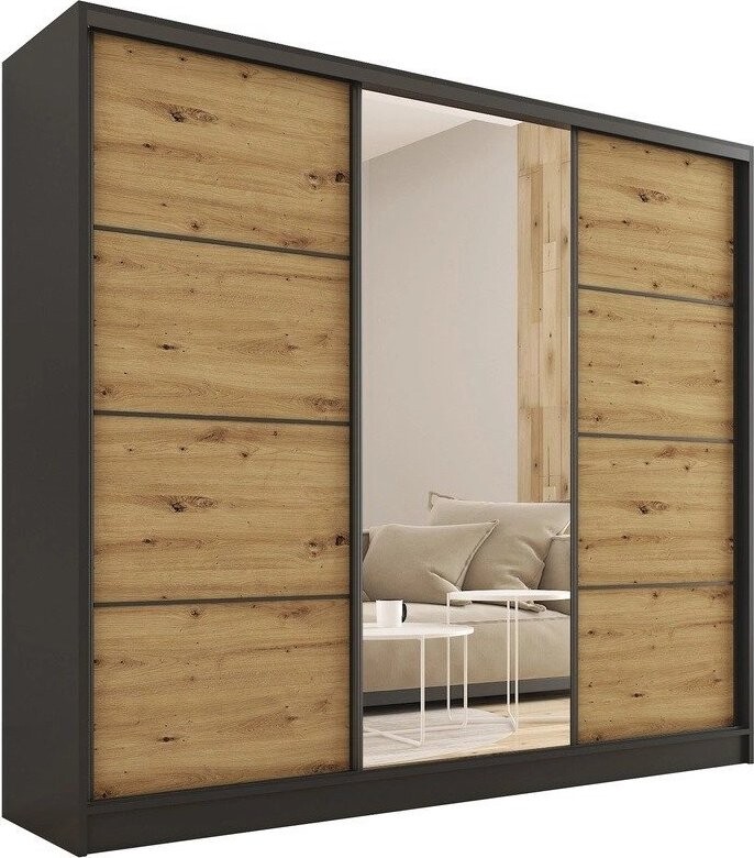 Nejlevnější nábytek Harazia 200 se zrcadlem, 4 šuplíky a 2 šatními tyčemi, černý mat / dub artisan
