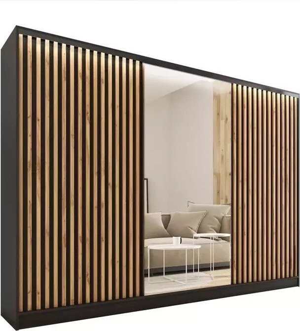 Nejlevnější nábytek Insular 3D 280 se zrcadlem, 4 šuplíky a 2 šatními tyčemi, černý mat/dub wotan