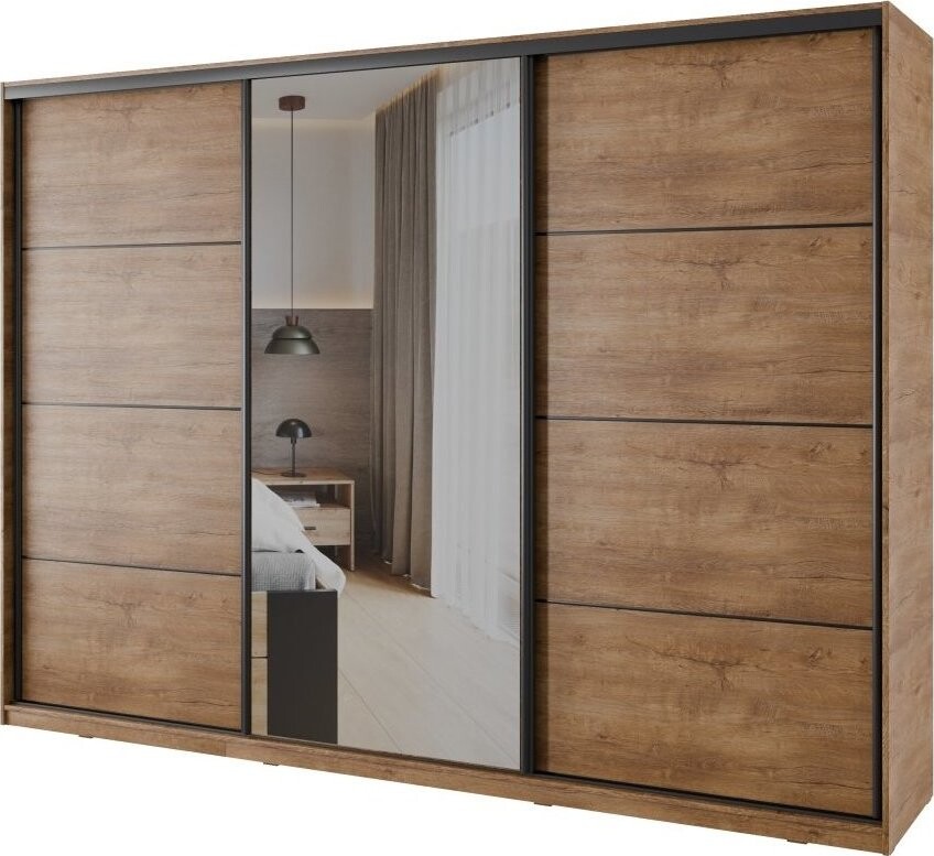 Nejlevnější nábytek Nejby Barnaba 280 cm s posuvnými dveřmi, zrcadlem, 4 šuplíky a 2 šatními tyčemi,