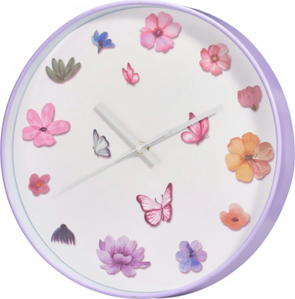 Home Styling Collection Nástěnné hodiny fialové s motivem květin, průměr 30 cm
