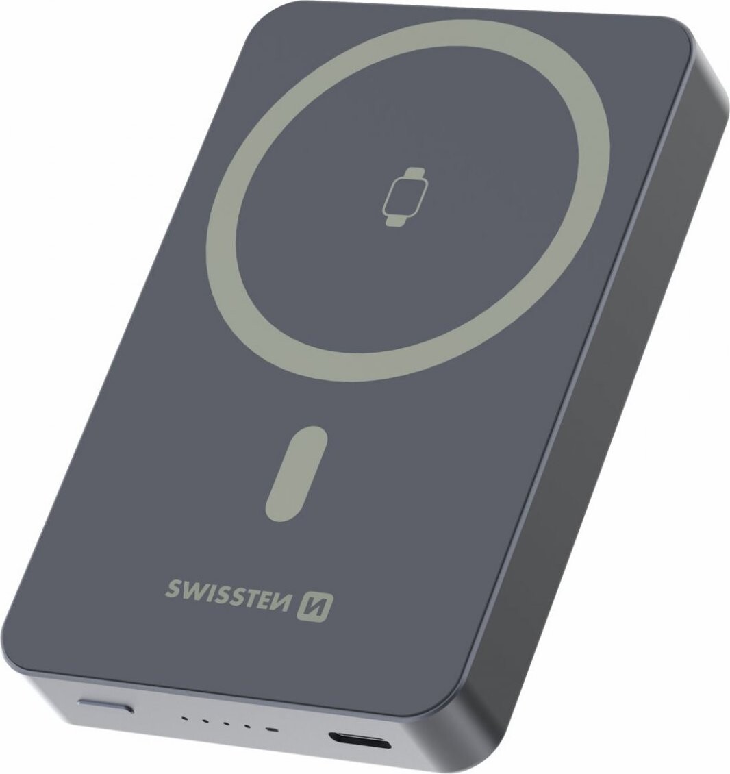 Swissten Power Bank Fusion 10000 mAh s nabíjaním Apple Watch (kompatibilný s MagSafe) Strieborný