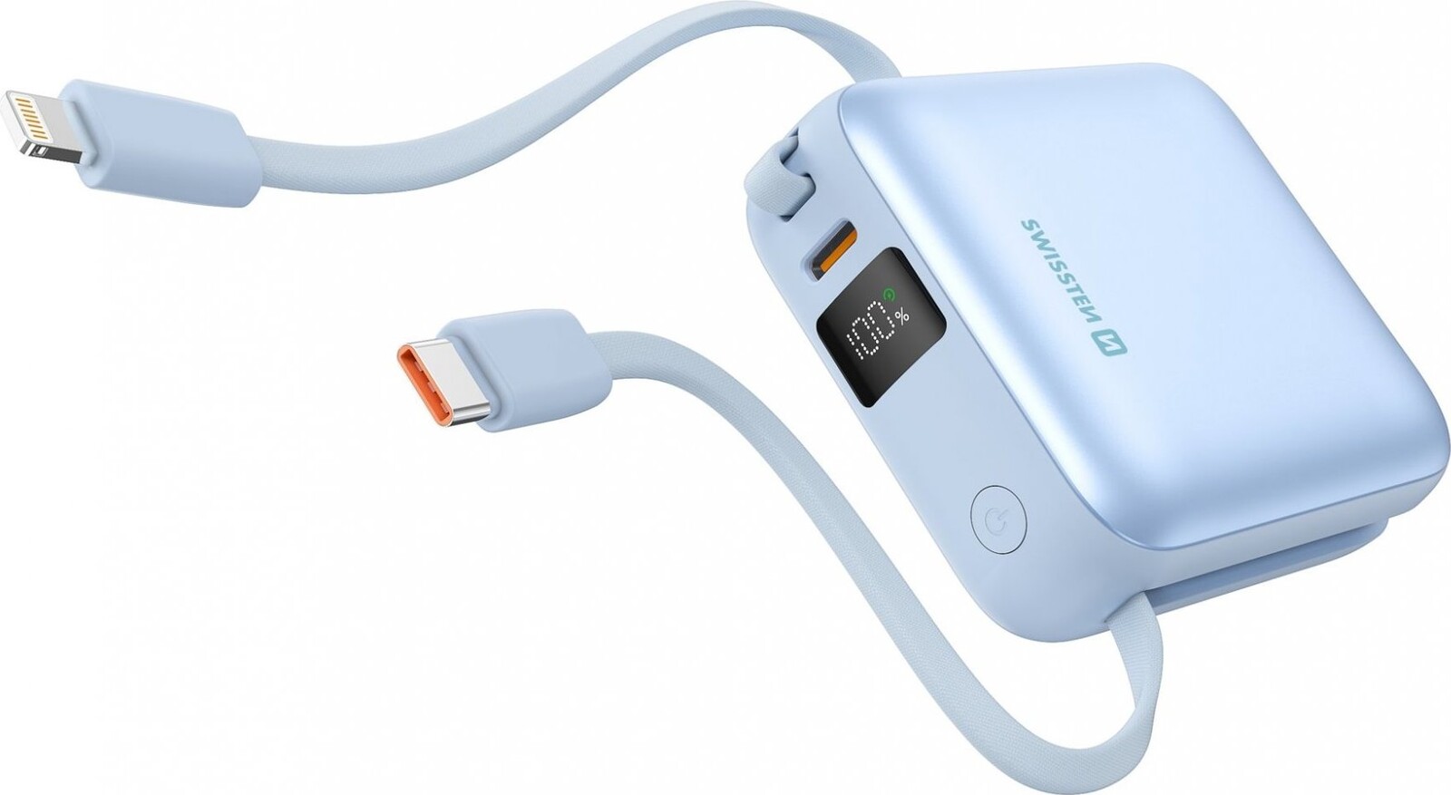 Swissten Power Bank Space 10000 mAh s integrovanými káblami USB-C a Lightning Modrý