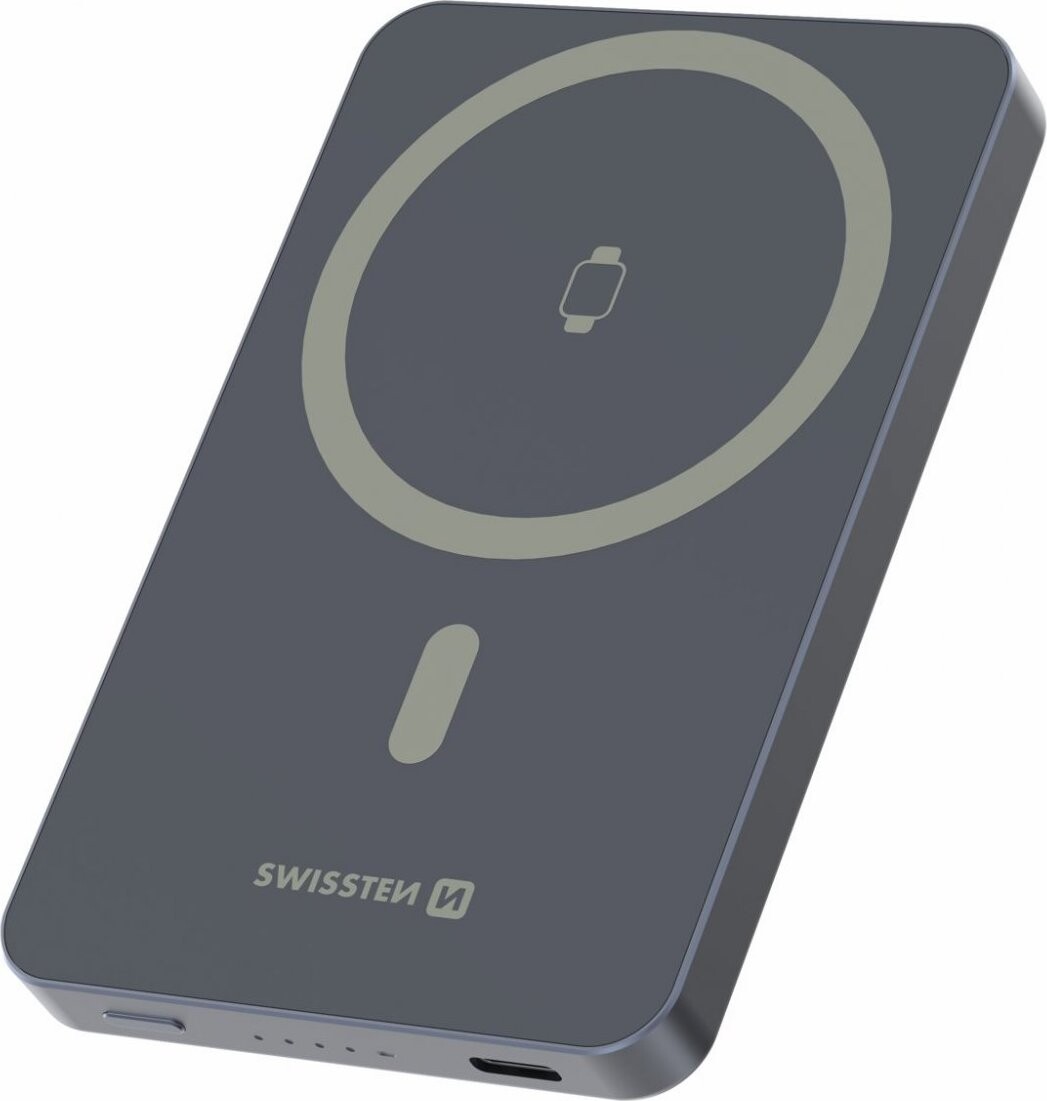 Swissten Power Bank Fusion 5000 mAh s nabíjaním Apple Watch (kompatibilný s MagSafe) Strieborný