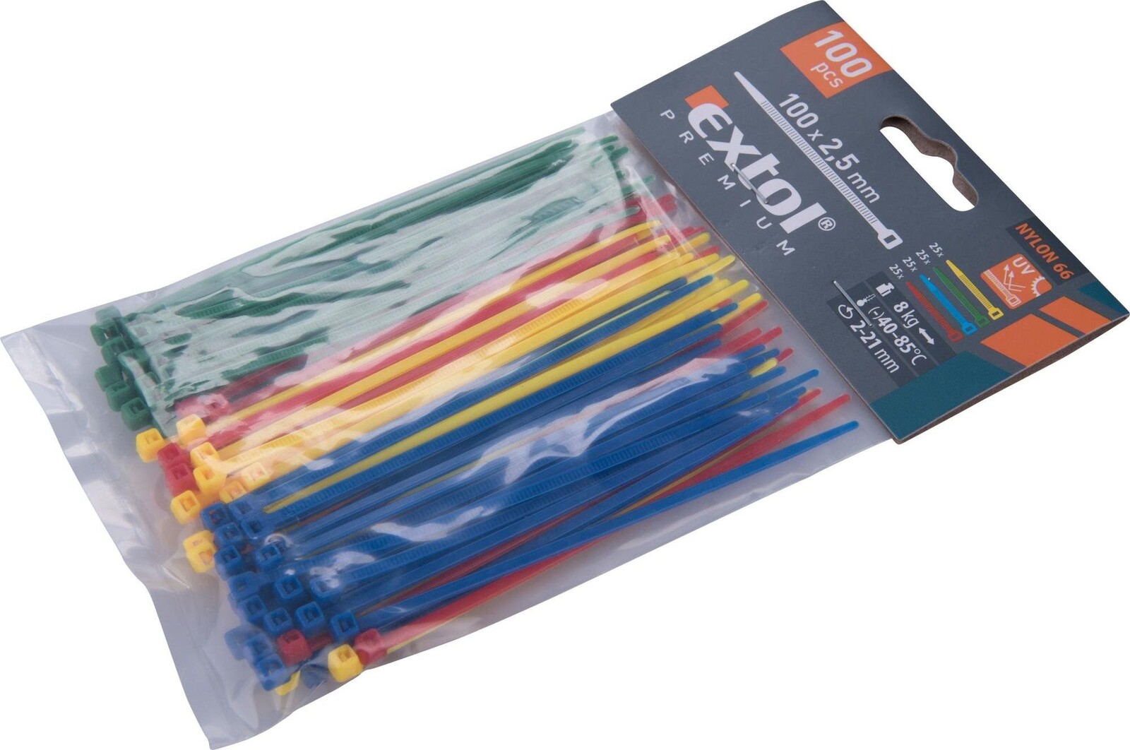 EXTOL PREMIUM pásky sťahovacie farebné, 100 × 2,5 mm, 100 ks, (4× 25 ks), 4 farby, nylon PA66, 8856192