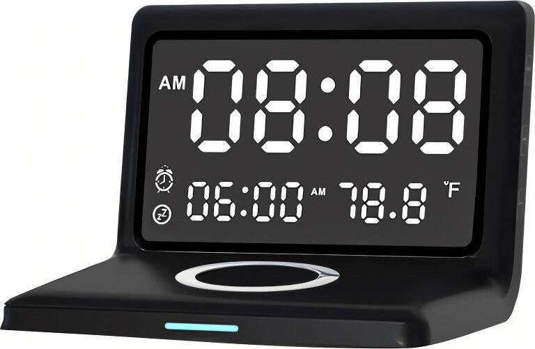 RealG RC-K-1626 Digitálny budík so zrkadlom, bezdrôtovou nabíjačkou Qi 15 W, čierny