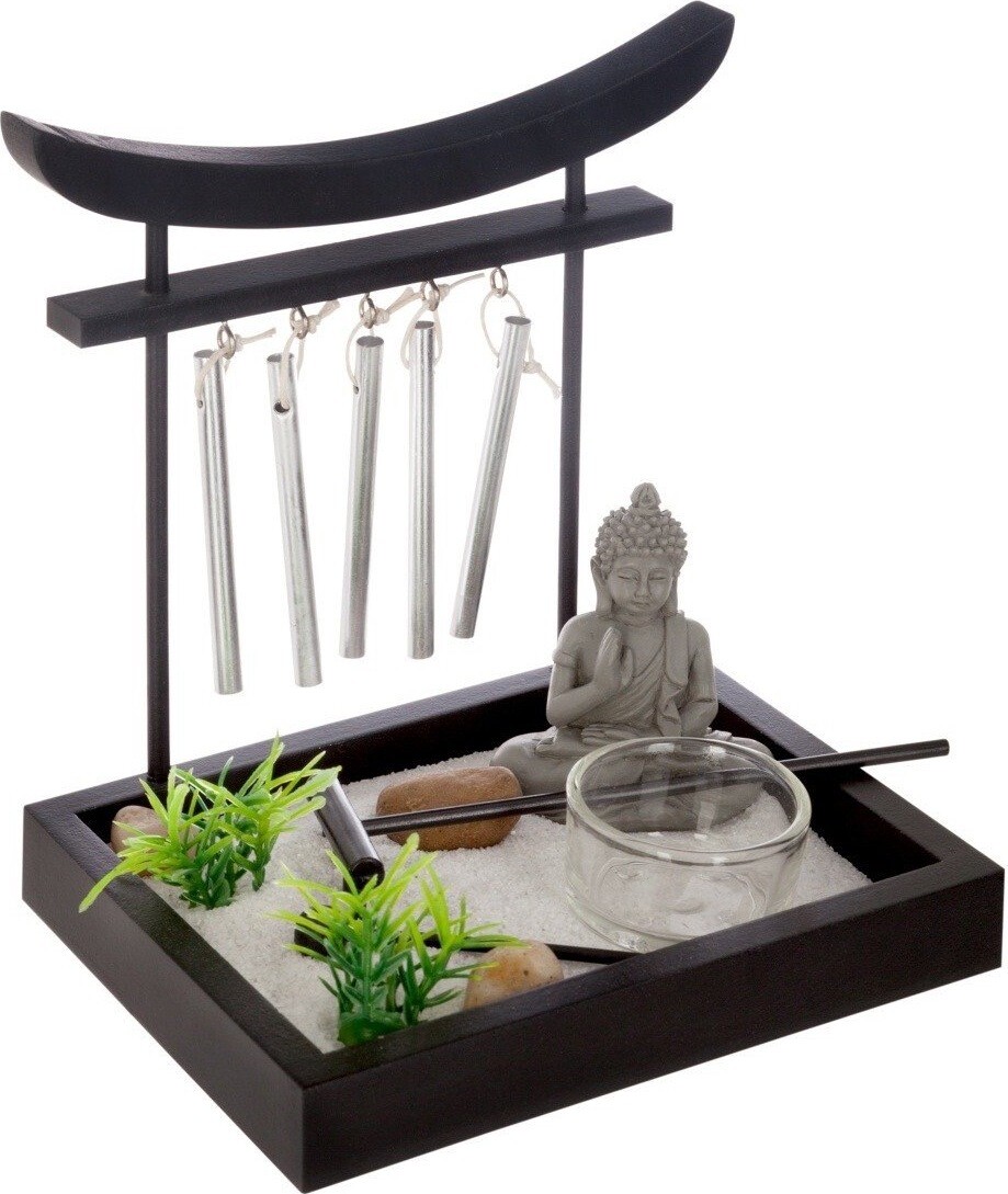 Atmosphera Dekorácia s figúrkou Buddhu a zvonkohrou Zen Garden, 15 × 12 × 16,5 cm, čierna
