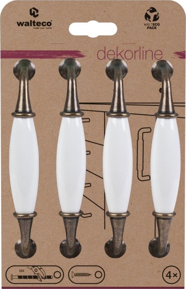 Walteco Set nábytkových úchytek rozteč 128 mm, antik mosaz a bílý porcelán, 4 ks