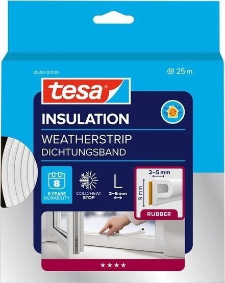 tesa® Izolační samolepicí těsnění – gumové, profil P, 25 m × 9 mm × 5,5 mm, bílé
