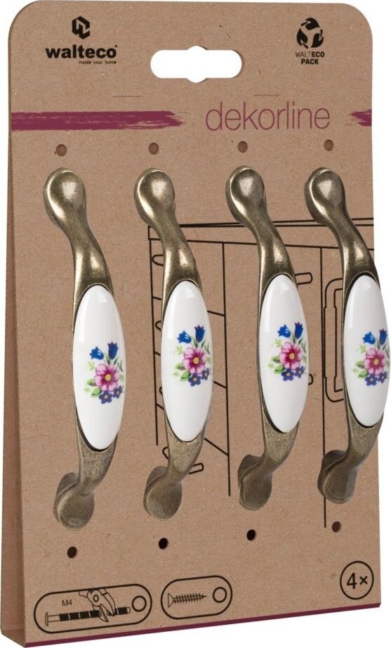 Walteco Set nábytkových úchytek rozteč 96 mm, antik mosaz/porcelán, kytice, 4 ks
