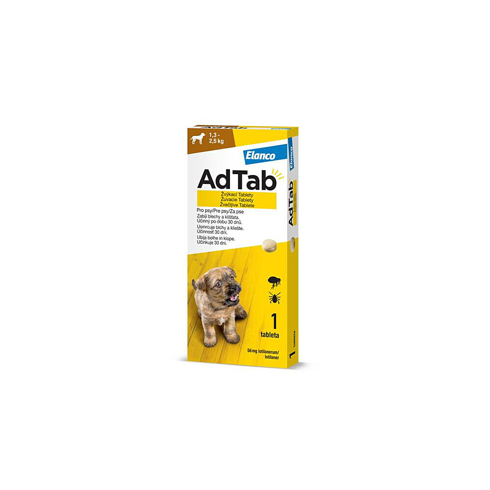 AdTab 56 mg žuvacie tablety proti blchám a kliešťom pre psy (1,3–2,5 kg) 1 tableta