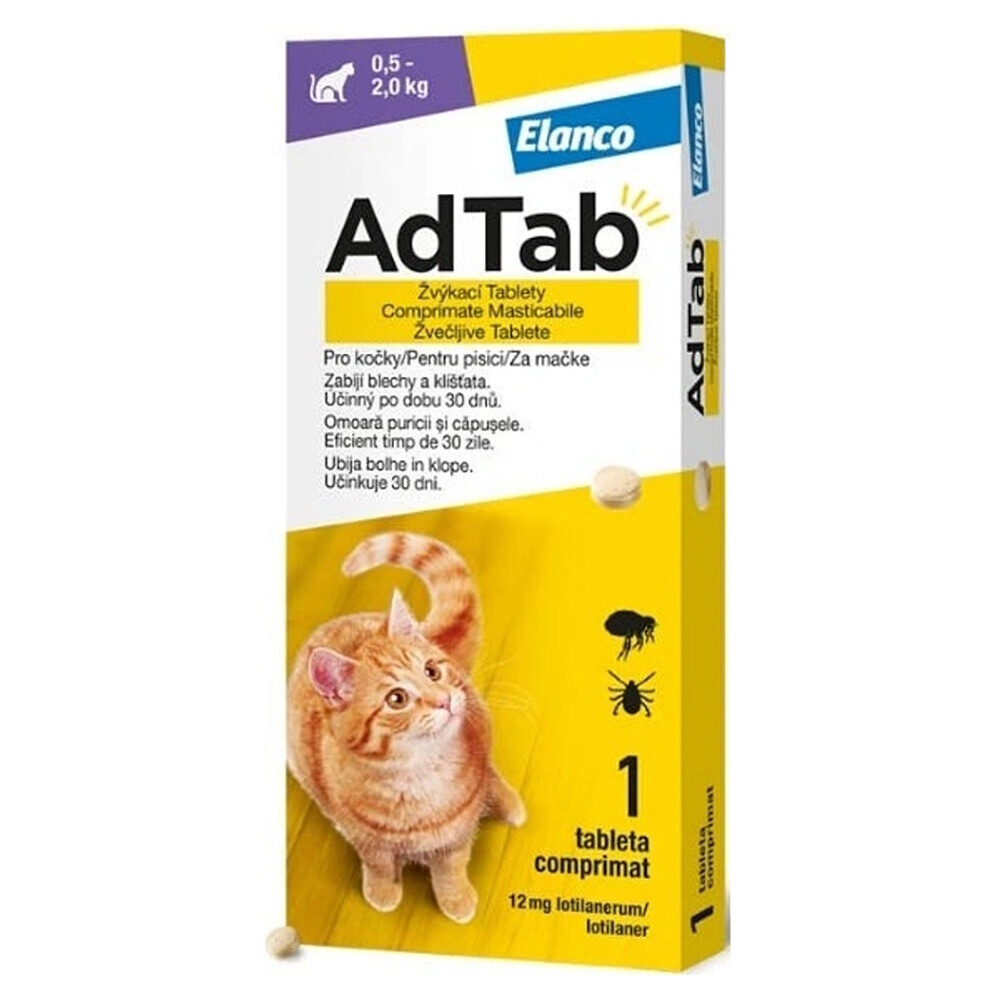 AdTab 12 mg žuvacie tablety proti blchám a kliešťom pre mačky (0,5–2,0 kg) 1 tableta