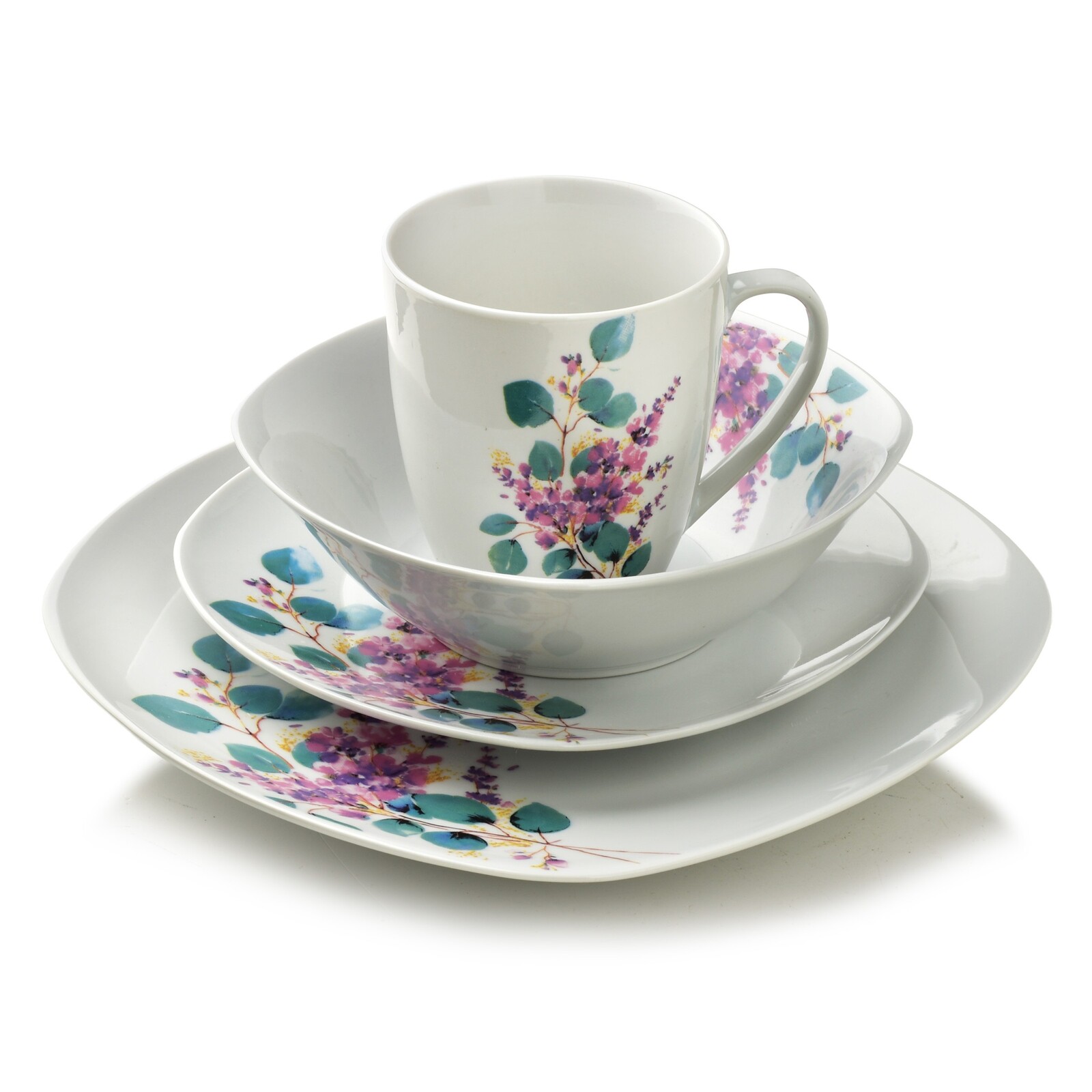 Porcelánová jídelní sada s hrníčkem LEA Lavender 16 ks bílá/fialová