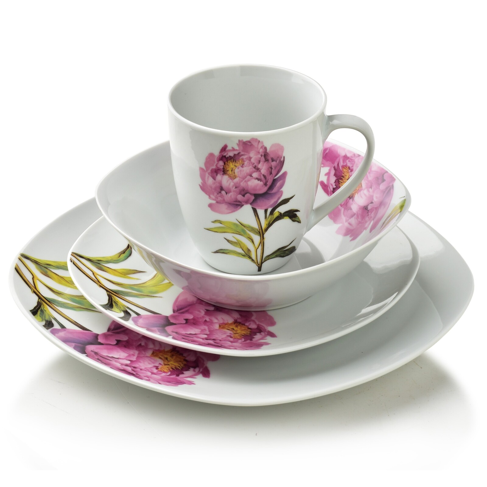 Porcelánová jídelní sada s hrníčkem LEA Peony 16 ks bílá/růžová
