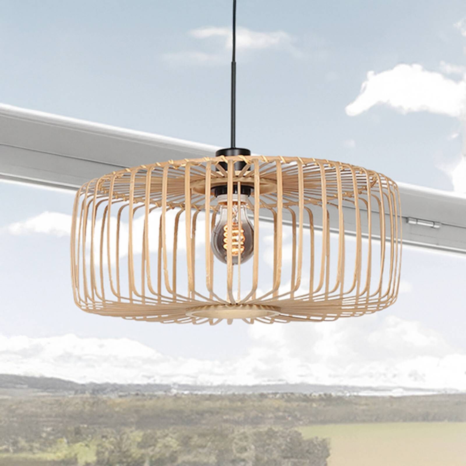 Závesné svietidlo Sparkled Light, čierna/prírodný bambus, Ø 60 cm