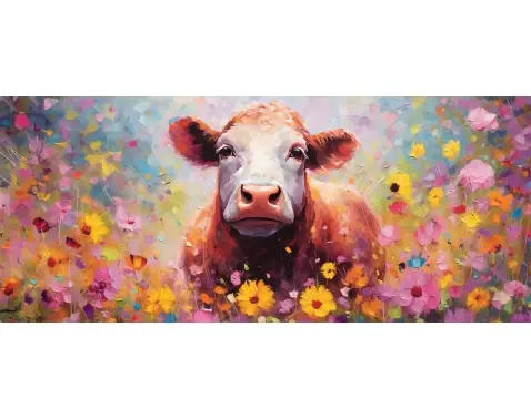 Obraz na plátne Krava v kvetoch 140x60 cm, efekt olejomaľby%