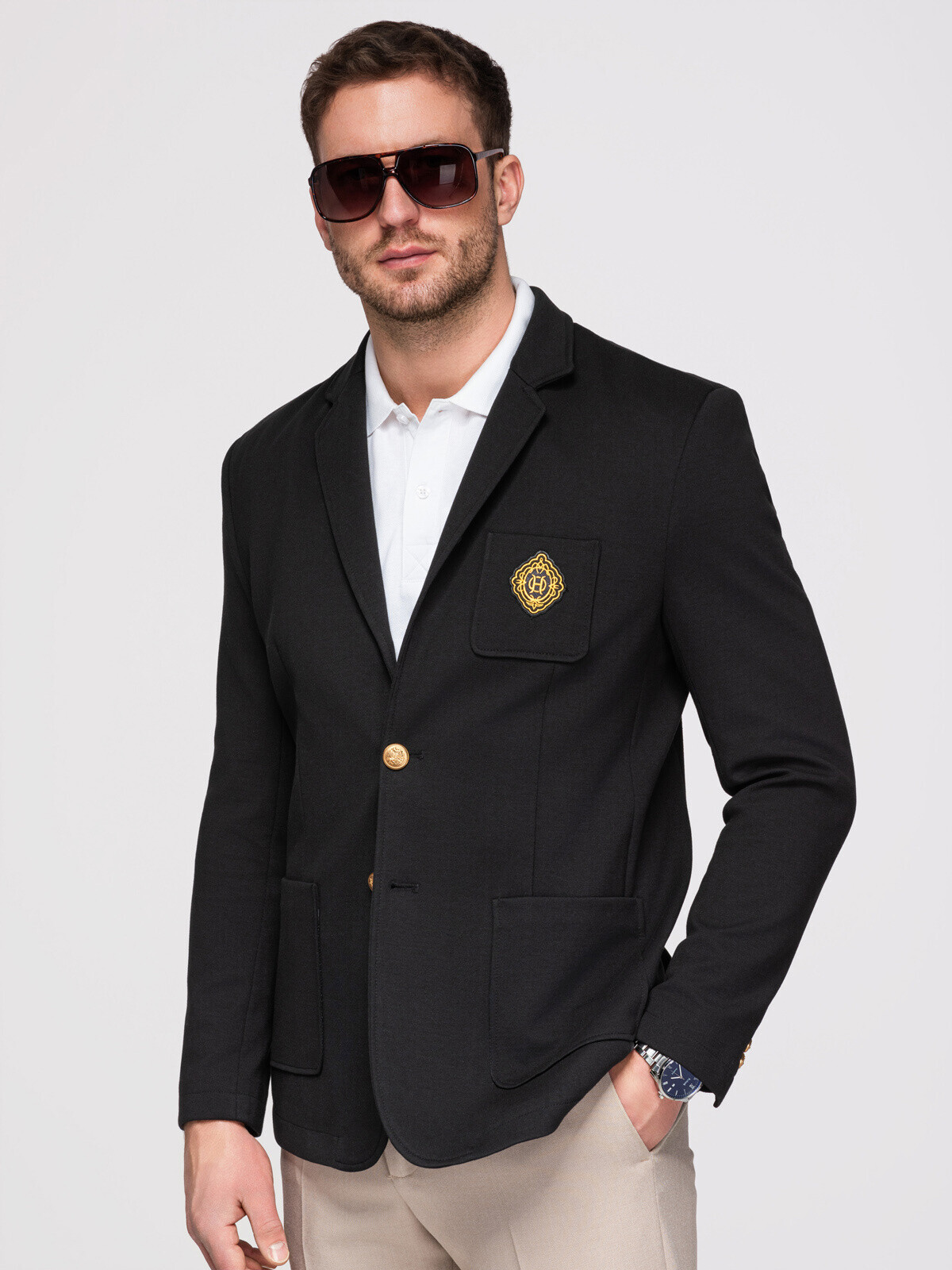Ombre Men's classic slim fit blazer with gold buttons and Heritage emblem - black