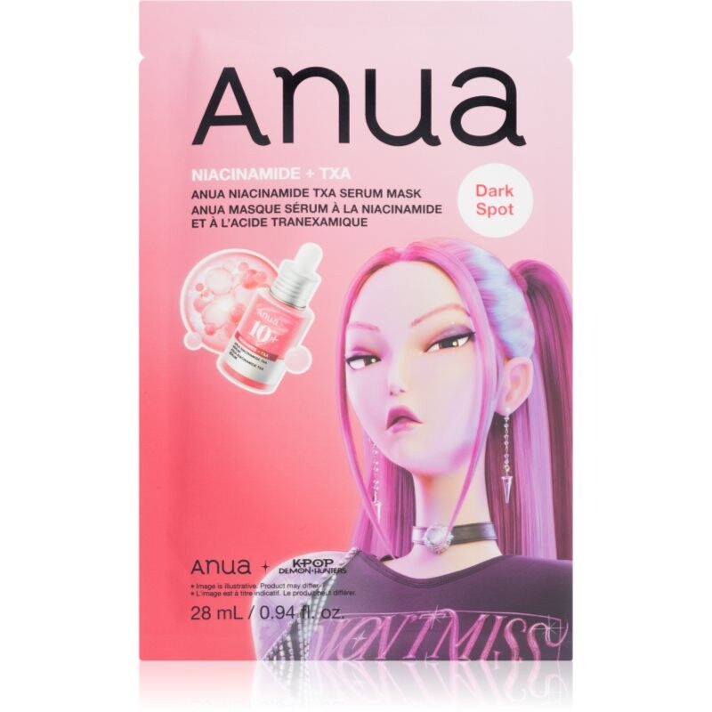 Anua K-Pop Demon Hunters Niacinamide TXA Serum Mask rozjasňujúca plátienková maska s hydratačným účinkom 28 ml