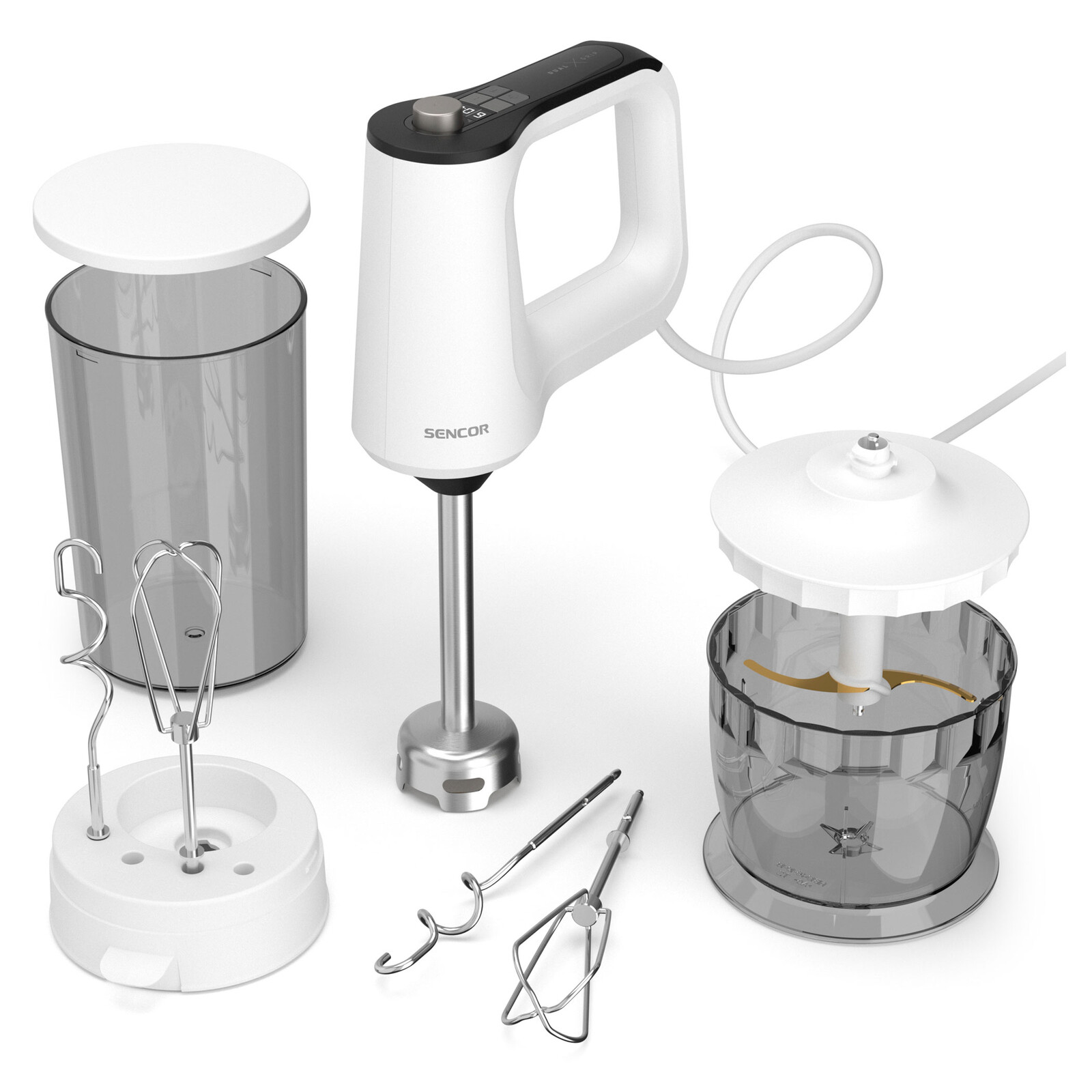 Sencor SHM 7950WH Multifunkčný ručný šľahač 3 funkcie v jednom: šľahanie, miesenie, mixovanie a sekanie, Výkonný DC motor s príkonom 800 W, 6