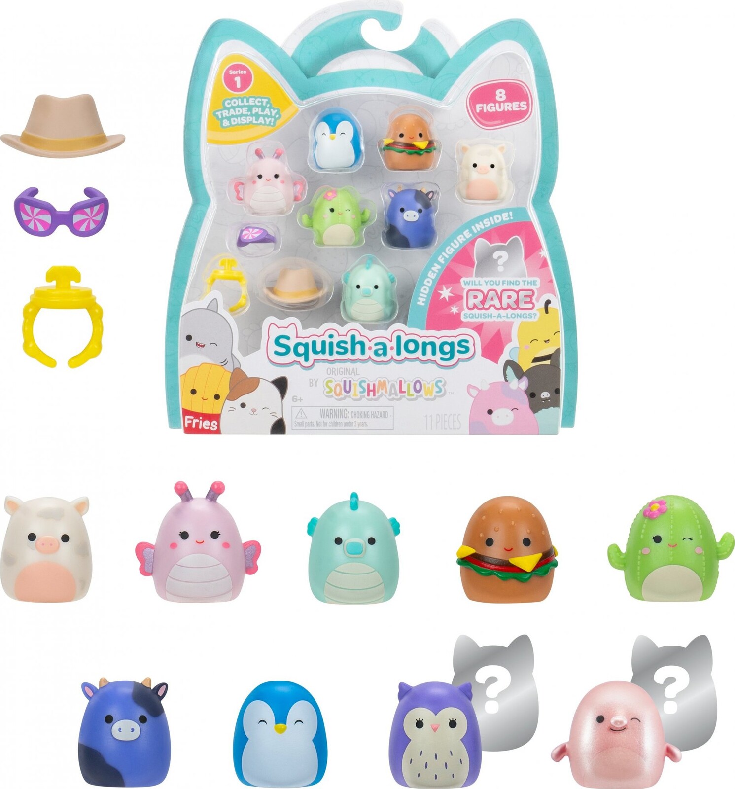 Squishmallows – Squish-a-longs sběratelské mini figurky s doplňky 8 ks, 1 tajemná postavička – Holly