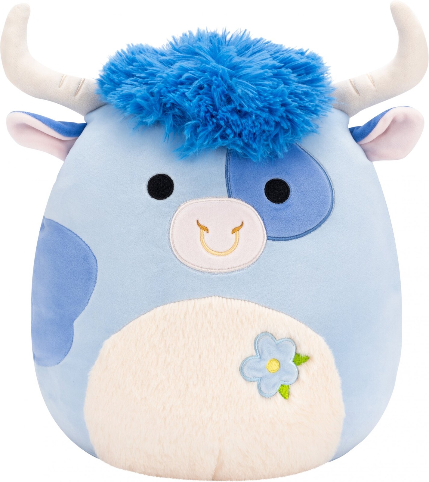 Squishmallows Bermayeh – modrý býk s hebkým bielym bruškom a kvetom