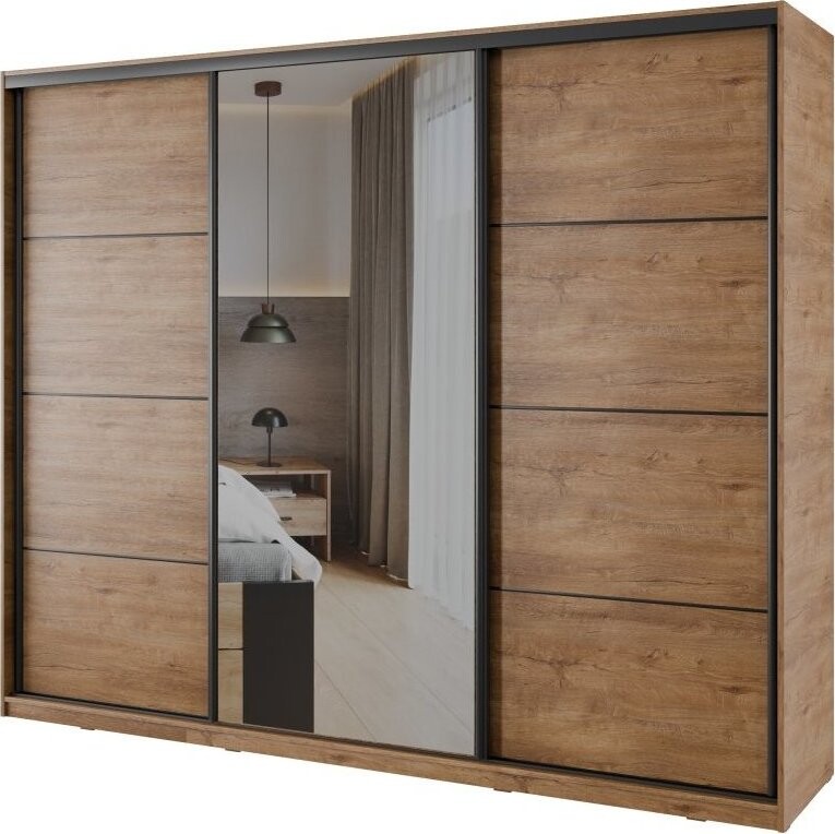 Nejlevnější nábytek Nejby Barnaba 250 cm s posuvnými dveřmi, zrcadlem, 4 šuplíky a 2 šatními tyčemi,