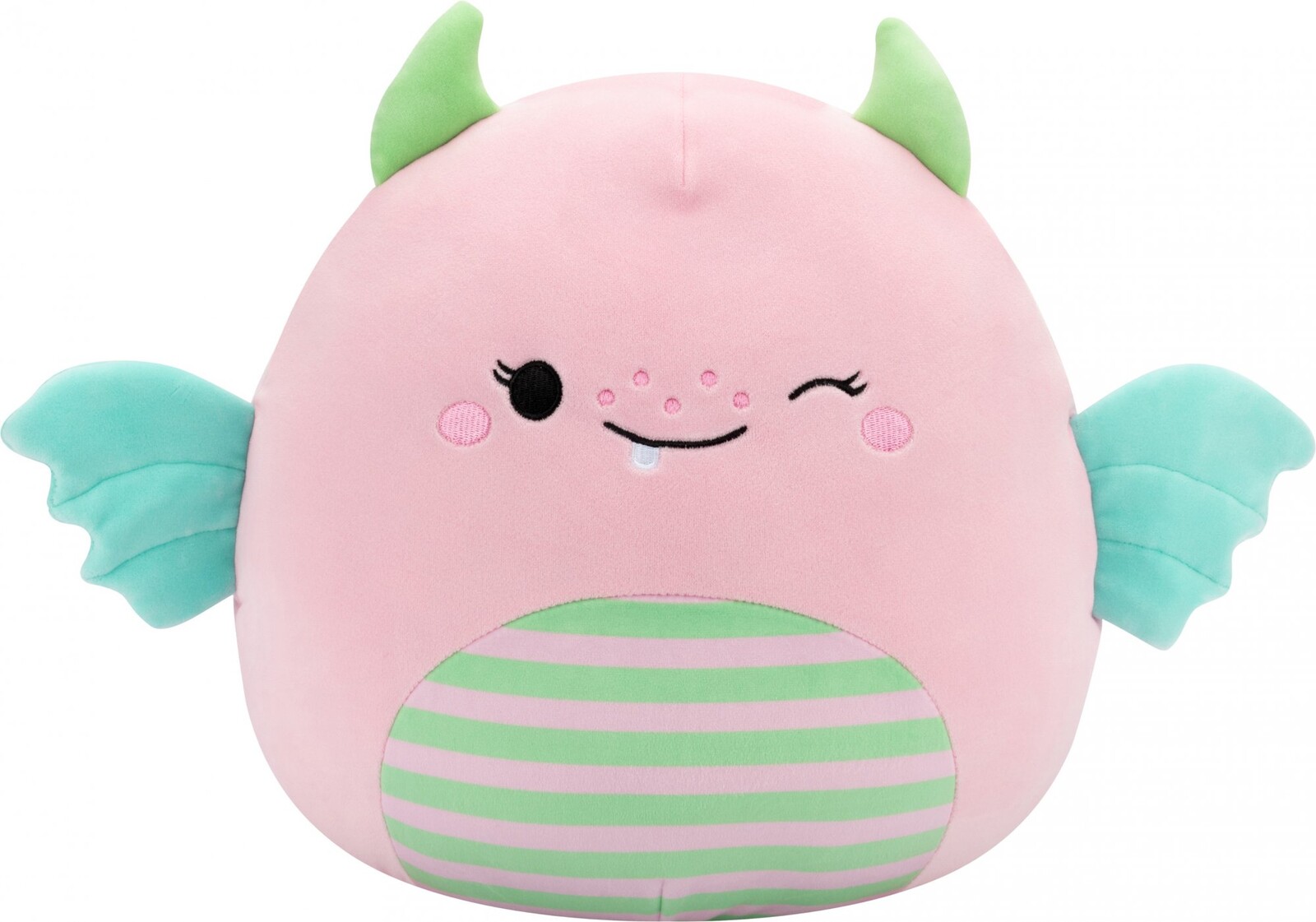 Squishmallows žmurkajúce svetloružové monštrum s mätovými krídlami a pruhovaným bruškom