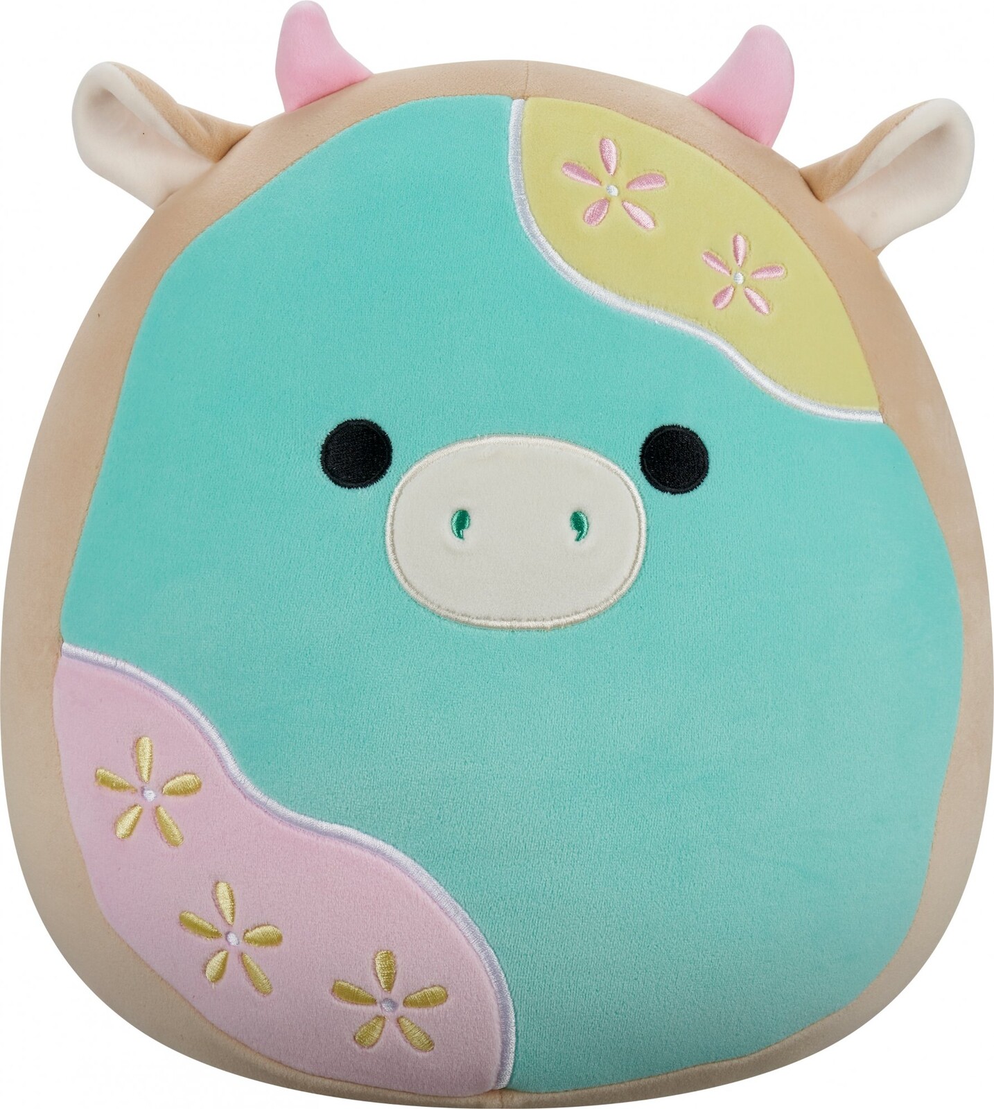 Squishmallows Cookie Cow s pastelovo modrou polevou a kvetmi