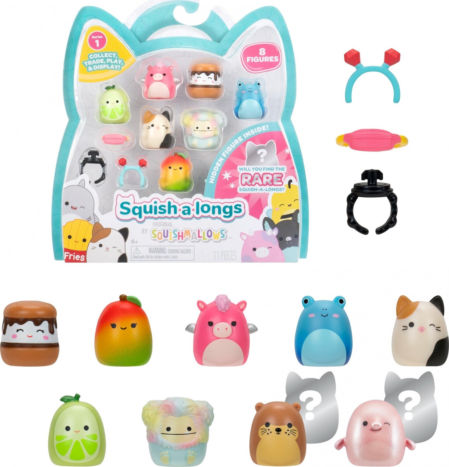 Squishmallows – Squish-a-longs sběratelské mini figurky s doplňky 8 ks, 1 tajemná postavička – Joann
