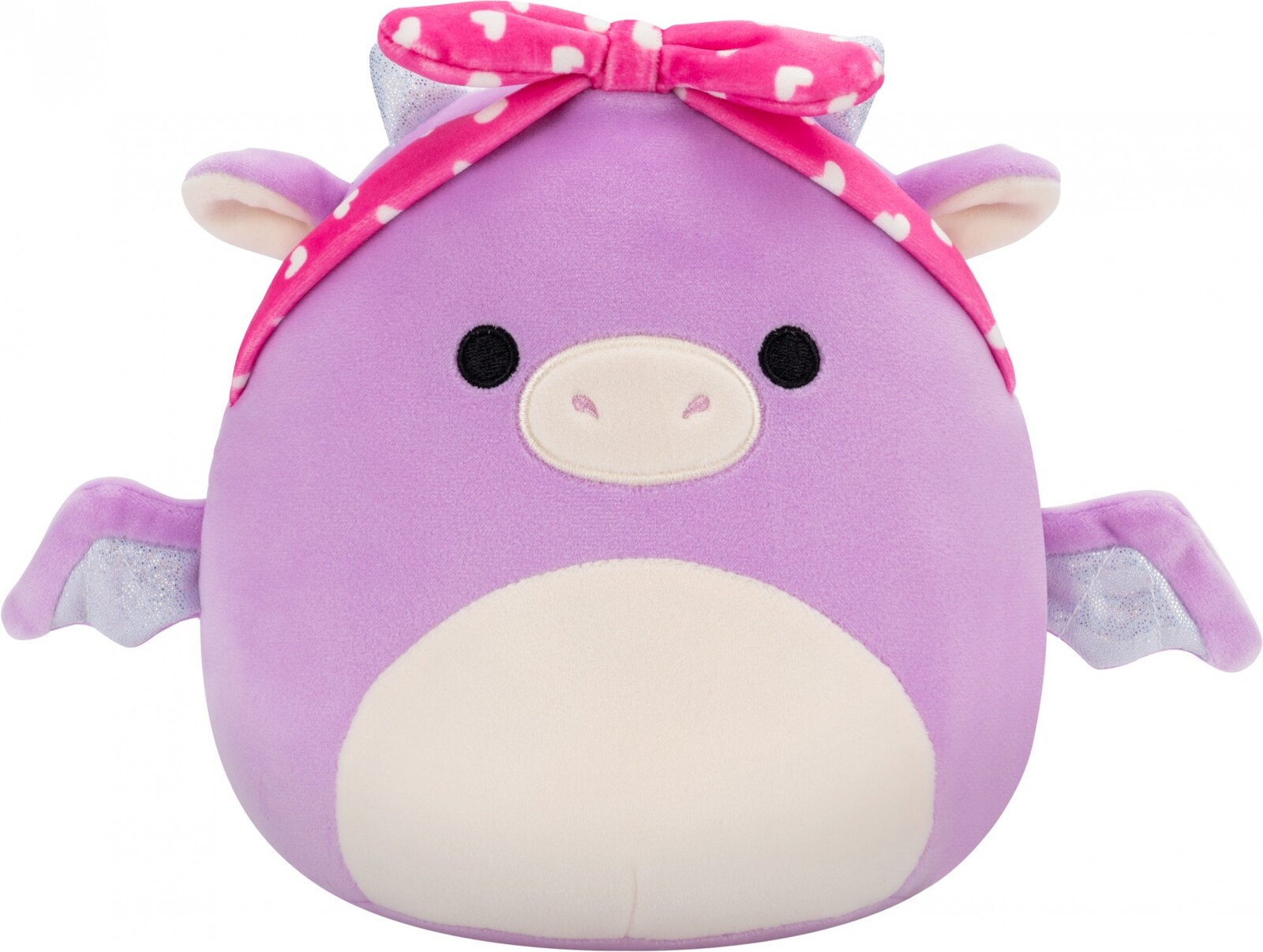 Squishmallows Dina – fialový drak so šatkou so srdiečkami