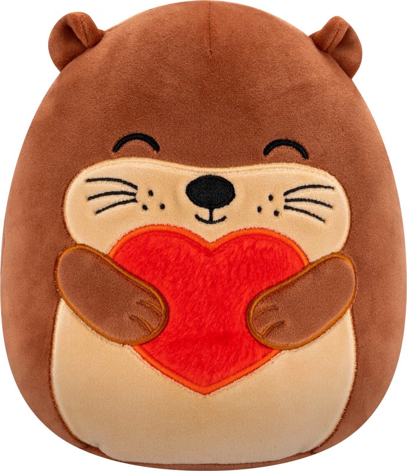Squishmallows Joanne – hnedá morská vydra so zavretými očami držiaca hebké srdce