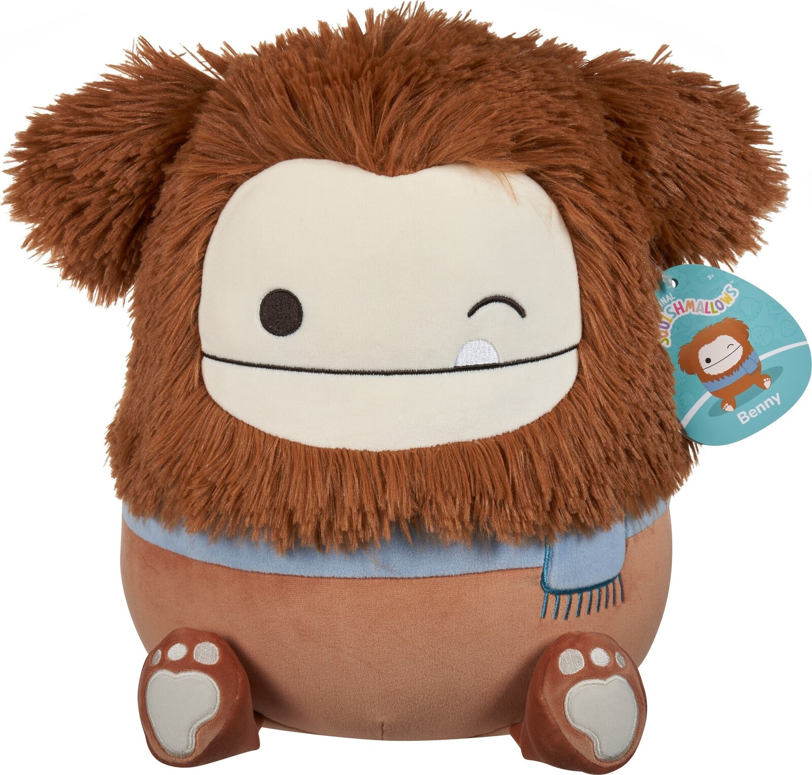 Squishmallows Benny – žmurkajúci hnedý Bigfoot so šálom