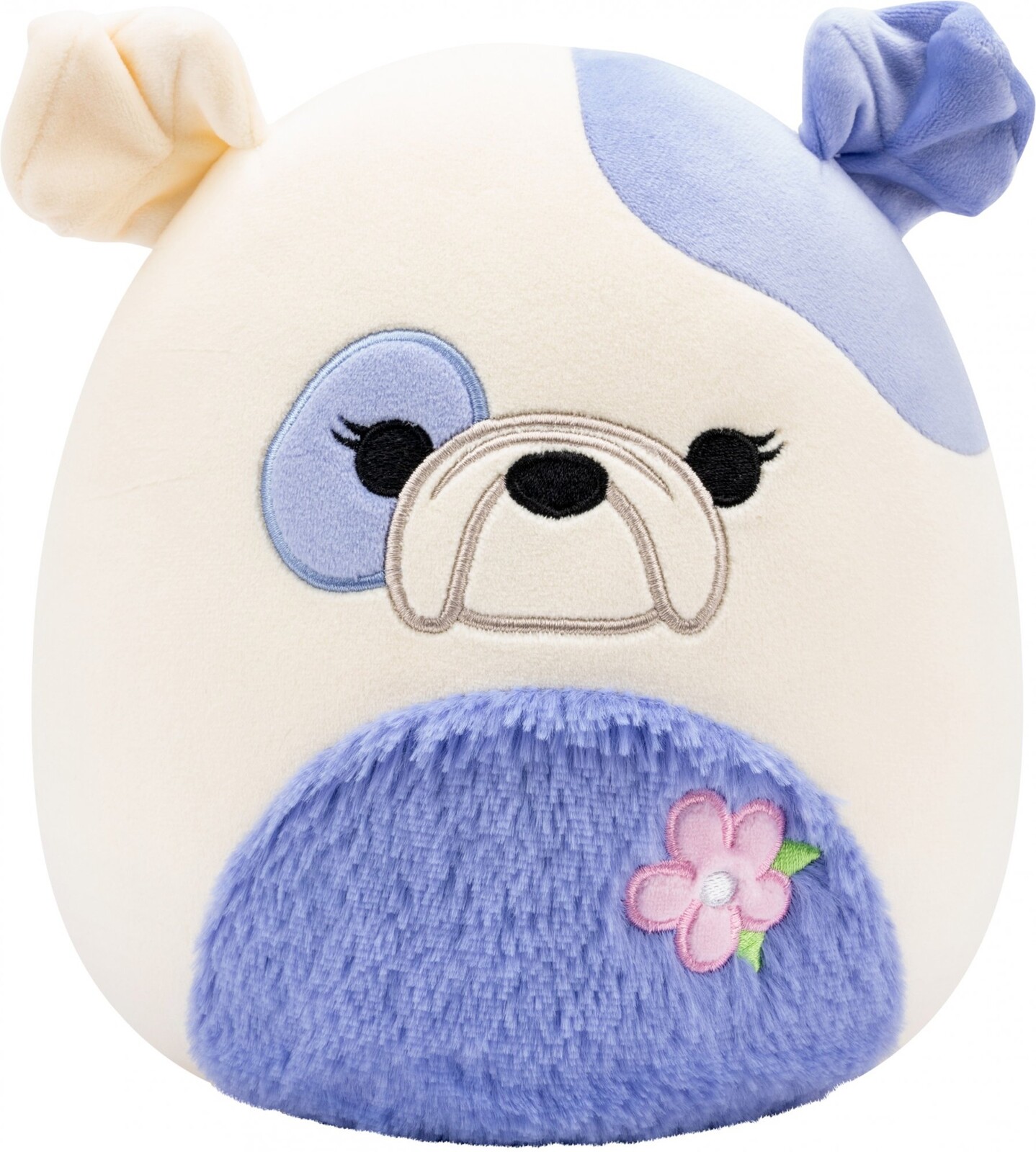 Squishmallows – modrofialový a krémový buldog s hebkým bruškom a kvetinou