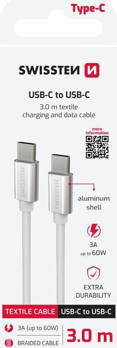 Swissten Textile USB-C/USB-C 3.0 m strieborný