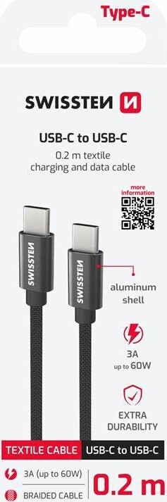 Swissten Textile USB-C/USB-C 0.2 m čierny