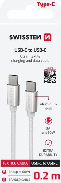 Swissten Textile USB-C/USB-C 0.2 m strieborný