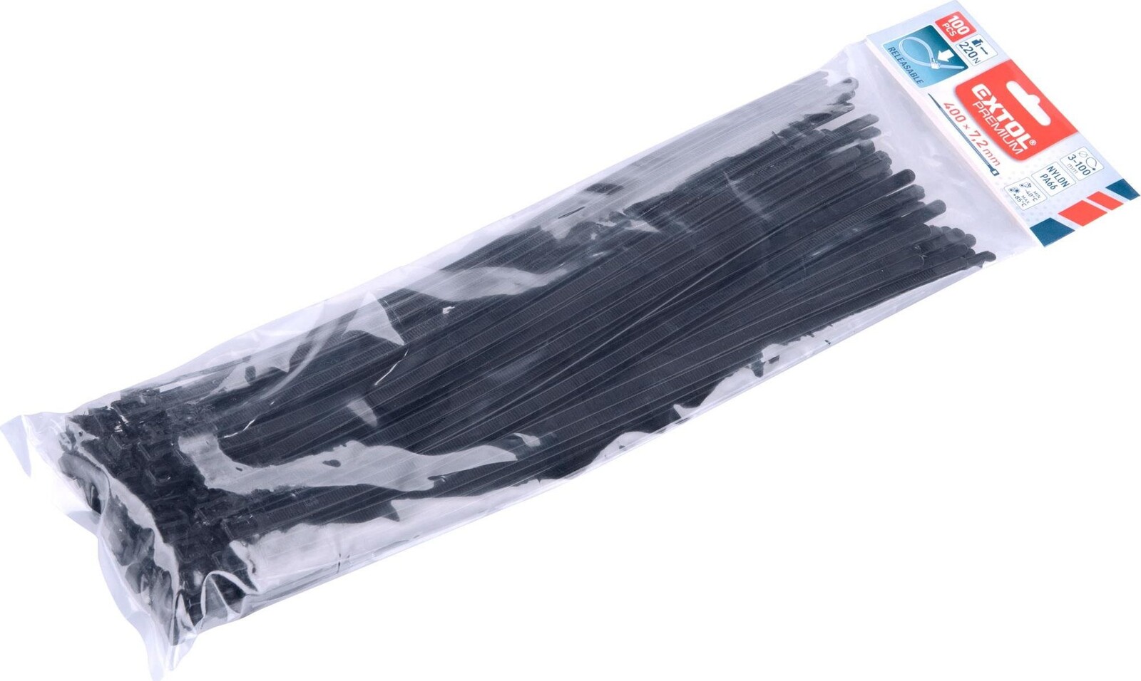 EXTOL PREMIUM pásky sťahovacie čierne, rozpojiteľné, 400 × 7,2 mm, 100 ks, nylon PA66, 8856261