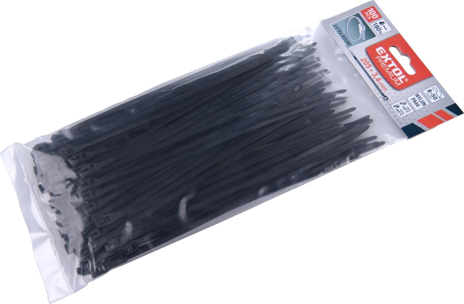 EXTOL PREMIUM pásky sťahovacie na káble EXTRA, čierne, 200 × 3,6 mm, 100 ks, nylon PA66, 8856232