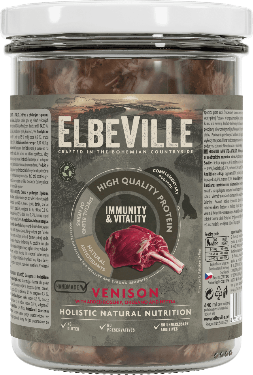 Krmivo v skle Elbeville Imunity & Vitality zverina s pridaným šípkom, dobromyseľom a žihľavou 440 ml