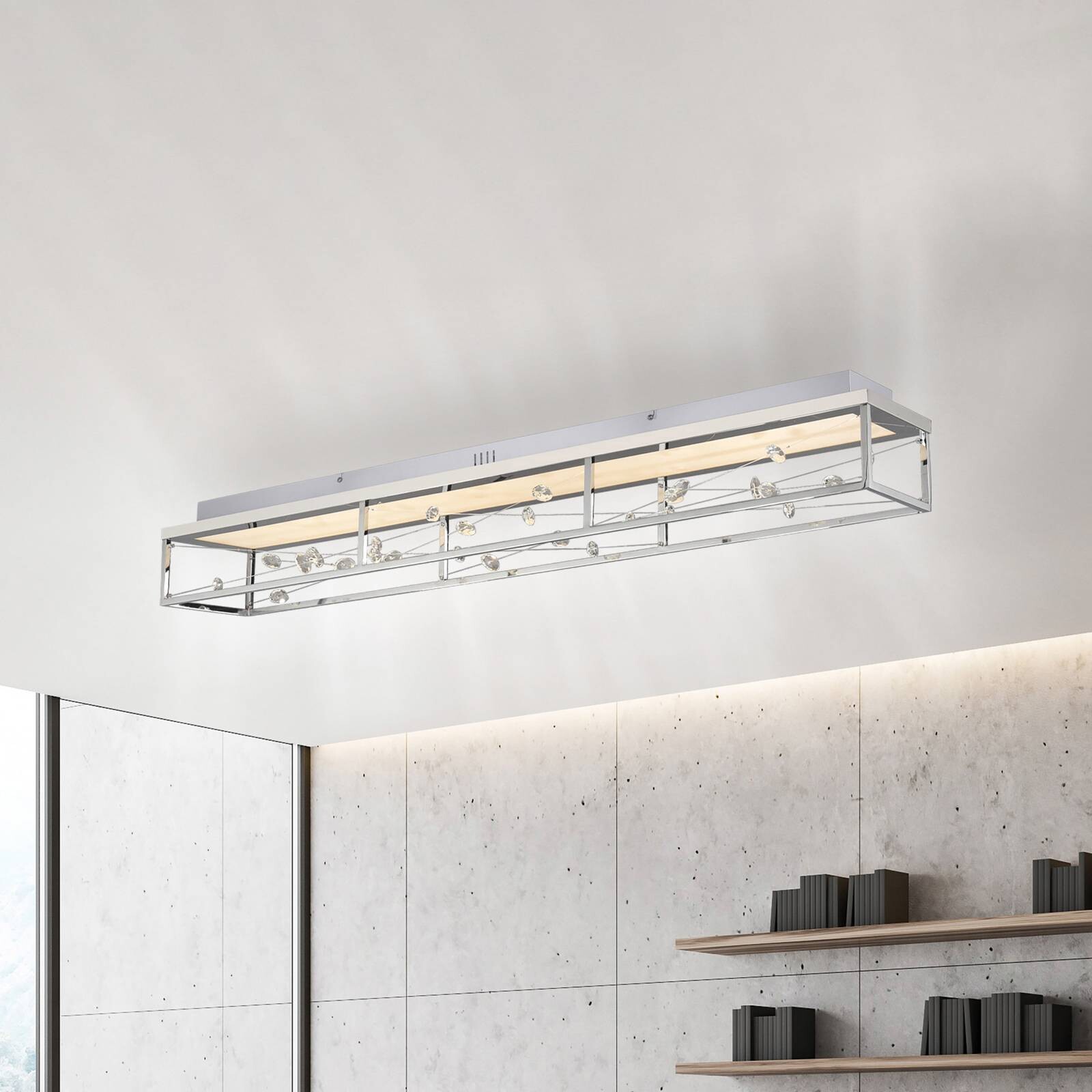 Stropné LED svetlo SKINA, chróm, 112 cm, CCT, stmievateľné, diaľkové ovládanie