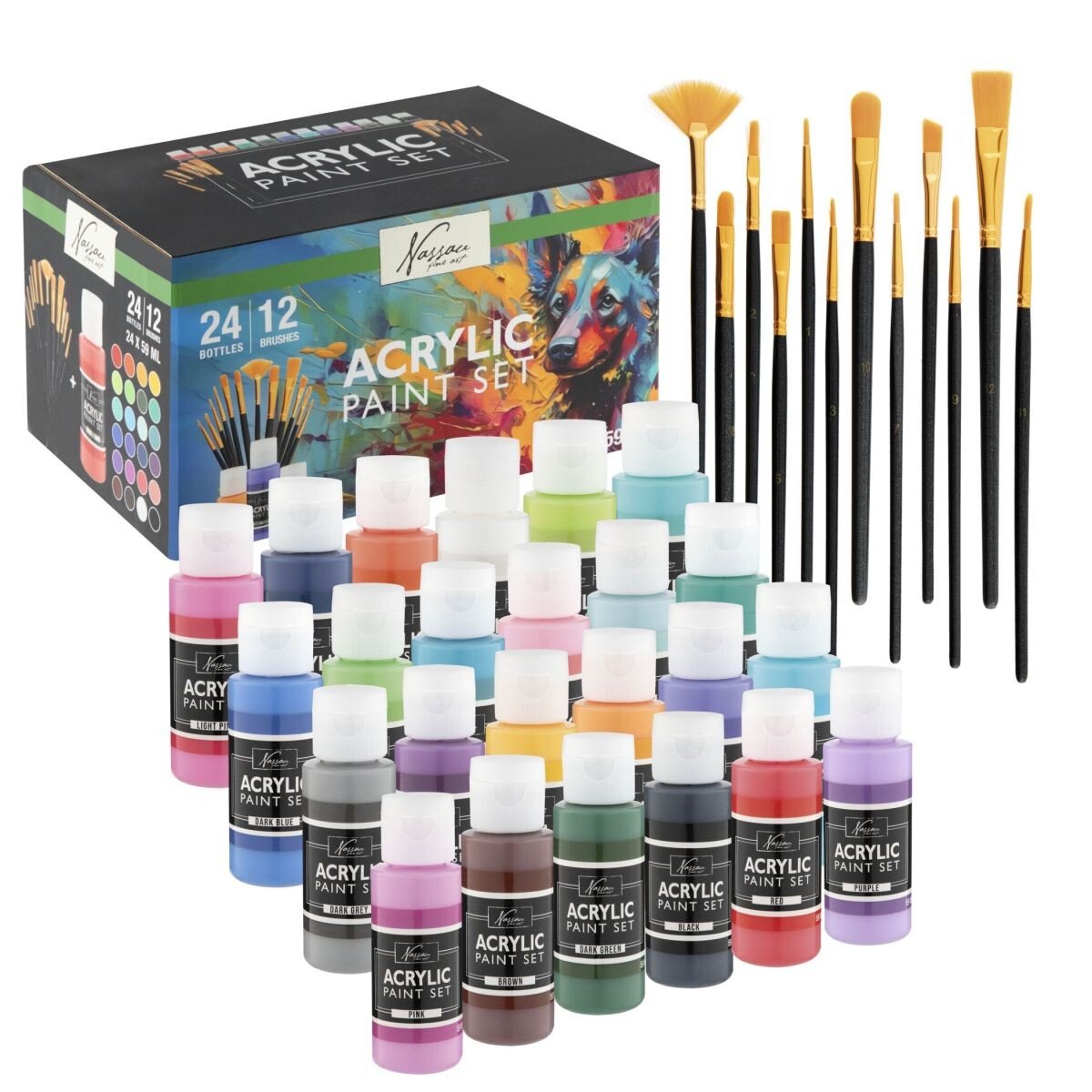 Craft Creative Sada malířskych akrylových farieb 24 ks + 12 štetcov