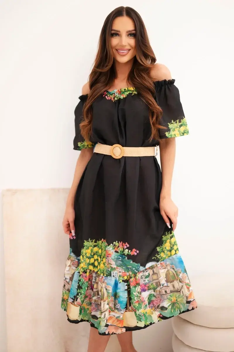 Off-shoulder šaty s opaskom a krátkymi rukávmi