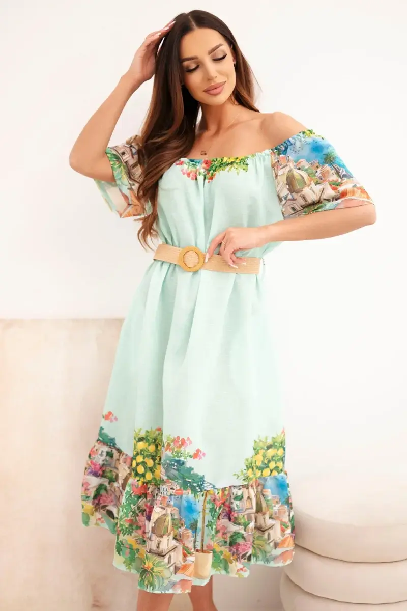 Off-shoulder šaty s opaskom, mätová