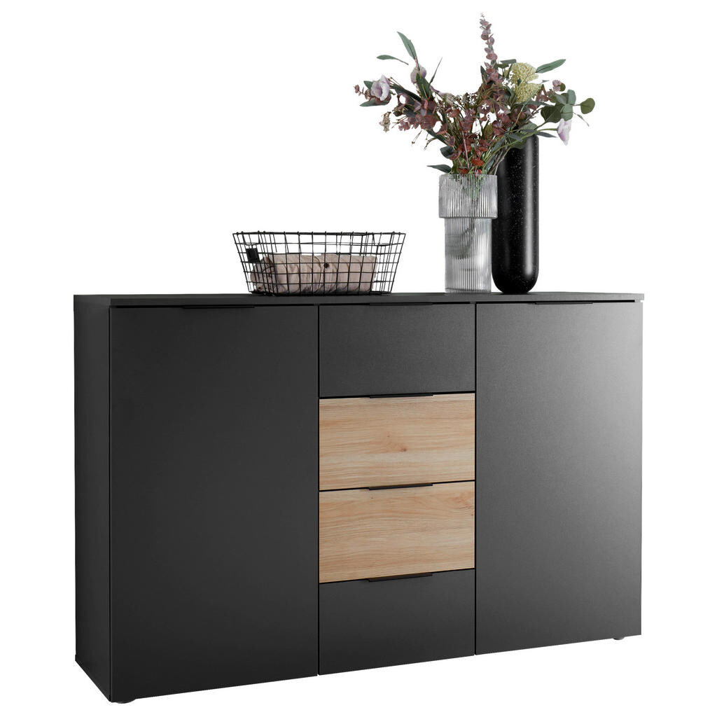Carryhome ŠIROKÁ KOMODA, grafitová, farba duba, 135/89/40 cm