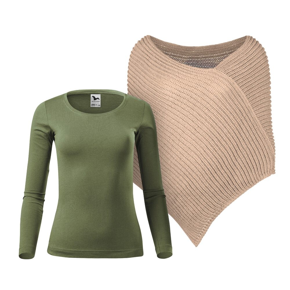 Bontis Dámsky set: Pletené pončo a tričko s dlhým rukávom - Béžová / Khaki | 2XL