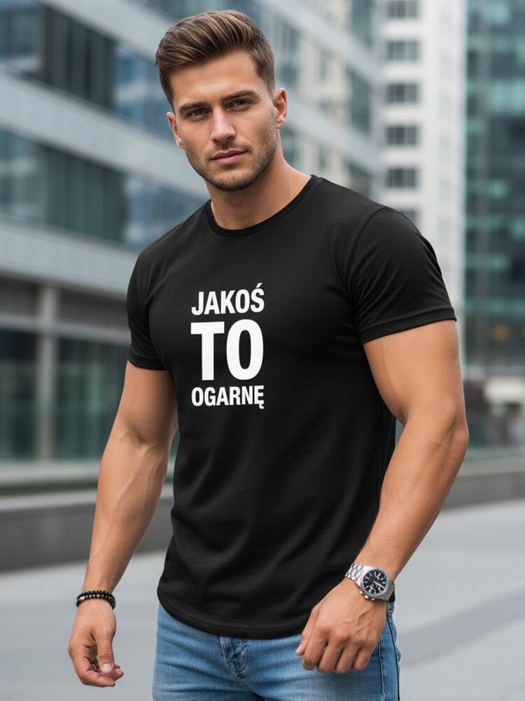 T-shirt bawełniany męski z napisem Jakoś to ogarnę czarny Dstreet NX0116R