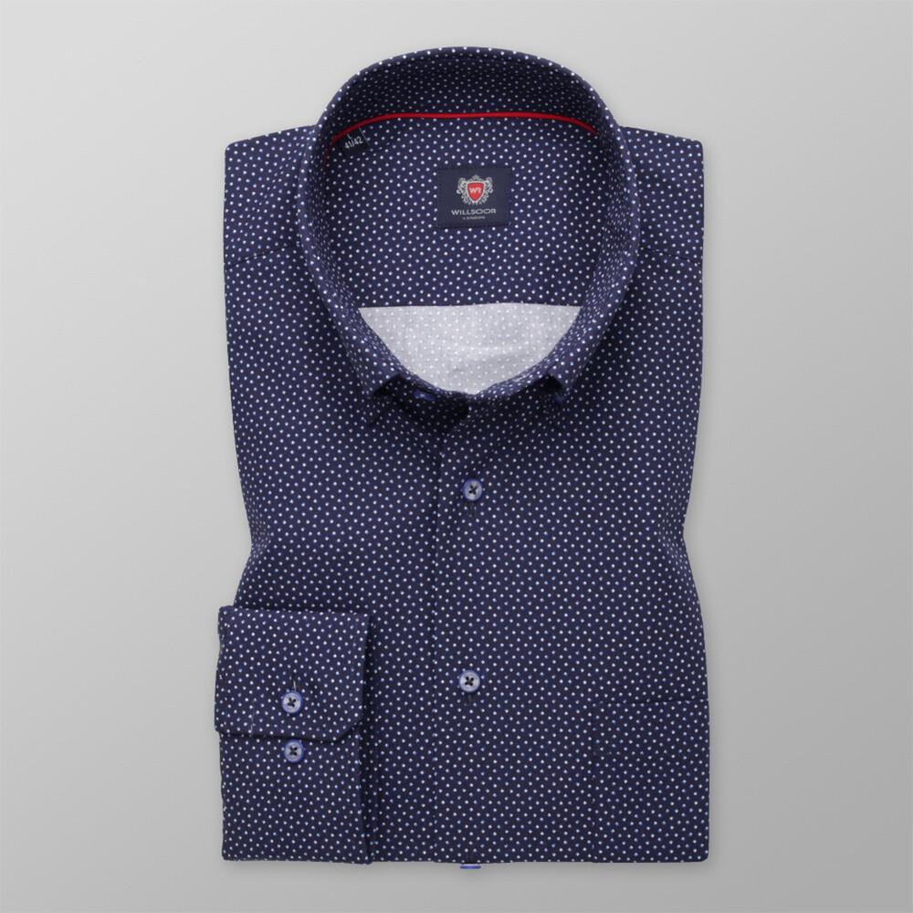 Pánska slim fit košeľa tmavo modrá s jemným geometrickým vzorom 13742